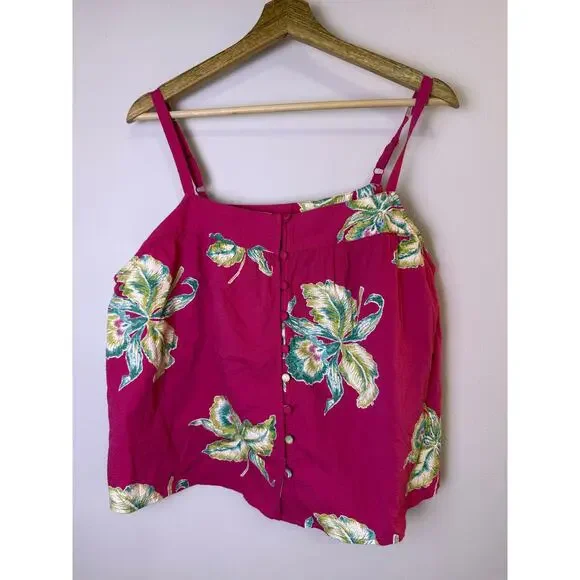 Faherty Marina Seersucker Cami Tank Pink Floral Button Front Tropical Size M - Picture 2 of 4